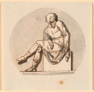 Figura enmascarada sentada, enmarcada en círculo. Boceto para decoración en la casa de té en el parque de Sorgenfri