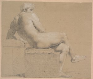 Modelo sentada con pañuelo en la cabeza. Sentada en un pedestal con almohada. Mirando a la derecha. Reclinado contra un pedestal más alto, donde descansa el brazo izquierdo. Piernas cruzadas de Nicolai Abildgaard