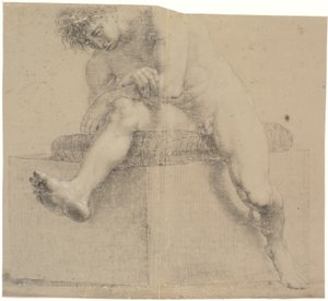 Modelo sentada en un pedestal bajo con almohada. Brazos cruzados. Pierna izquierda doblada, pierna derecha extendida de Nicolai Abildgaard
