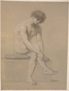 Modelo sentado en un pedestal bajo con cojín. Girado hacia la derecha. Brazos colgando. Piernas cruzadas de Nicolai Abildgaard