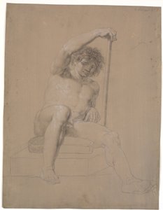 Modelo sentado en un pedestal bajo con cojín. Vista frontal. En la mano izquierda un bastón. Pierna derecha extendida de Nicolai Abildgaard
