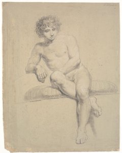Modelo sentada en un pedestal bajo con cojín. Vista frontal. Piernas cruzadas de Nicolai Abildgaard