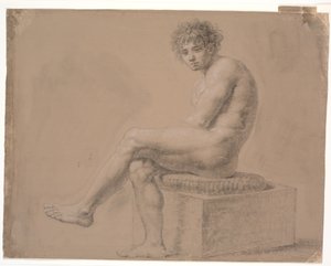 Modelo sentado en un pedestal bajo con cojín. Pierna izquierda sobre la derecha de Nicolai Abildgaard