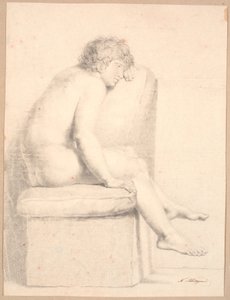 Modelo sentada en plinto con almohada. Perfil a la derecha. Cabeza apoyada en el brazo izquierdo. Las piernas no tocan el suelo de Nicolai Abildgaard