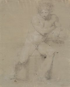 Modelo sentada en plinto con almohada. Vista frontal. Mano derecha bajo la axila izquierda de Nicolai Abildgaard