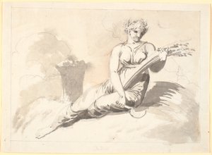 Verano, una mujer sentada con espigas y hoz de Nicolai Abildgaard