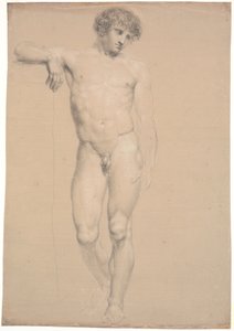 Modelo de pie. Vista frontal. Brazo derecho apoyado en un pedestal alto de Nicolai Abildgaard