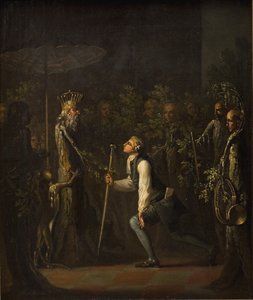 Los Potuanos se sorprenden al ver a Niels Klim arrodillarse frente al Príncipe Sabio de Nicolai Abildgaard