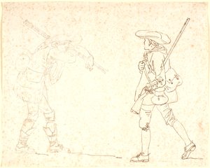 Dos figuras masculinas caminando, una vestida de cazador, la otra llevando un manojo de varas