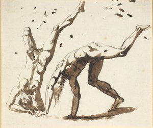 Dos hombres desnudos haciendo volteretas, parados de cabeza o similares