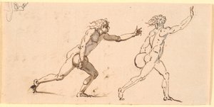 Dos hombres desnudos corriendo hacia la derecha, cada uno con una gran piedra en una mano, y un boceto de un rostro de perfil