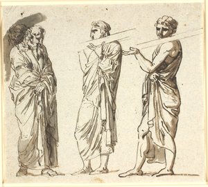 Tres hombres de pie, dos jóvenes llevando una tabla en el hombro, el tercero mayor en una postura pensativa de Nicolai Abildgaard