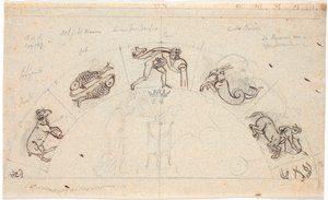 Boceto para un relieve de un campo semicircular; en el centro una mujer ofreciendo en un trípode, alrededor se ven algunos signos del zodiaco de Nicolai Abildgaard