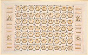 Boceto para techo con casetones hexagonales y rosetones en amarillo y violeta