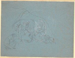 Boceto de escena en el "El asno de oro" de Apuleyo, libro 4. El ama de llaves de la banda de ladrones cuenta a la joven la historia de Amor y Psique de Nicolai Abildgaard