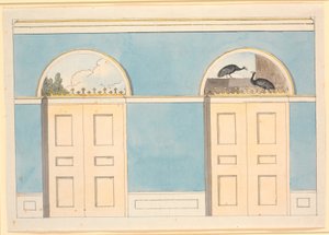 Boceto para decoración de pared con campos semicirculares sobre dos puertas, en paredes azules de Nicolai Abildgaard