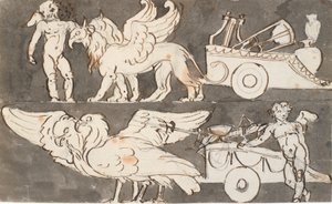 Pequeños ángeles alados en los carros de Apolo y Júpiter, tirados por grifos y águilas de Nicolai Abildgaard