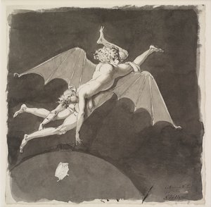 Catalina la Grande, desnuda, volando lejos de la Tierra en la espalda de un hombre con alas de murciélago