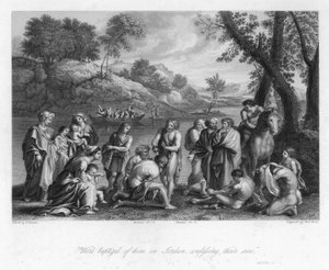 El oficio de Juan el Bautista, Mateo III, 6 (grabado) de Nicolas (after) Poussin