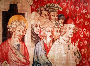 (detalle) Hombres escuchando al ángel prediciendo su tortura, de "El Apocalipsis de Angers", 1373-87 de Nicolas Bataille