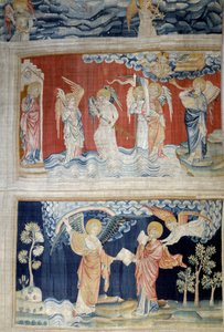Tapiz del Apocalipsis (1373-1383), n. 25: la sexta trompeta, los ángeles del Éufrates. Abajo, n. 28, el ángel entrega el libro a San Juan que lo devora de Nicolas Bataille