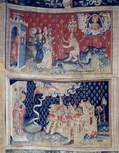 Tapiz del Apocalipsis (1373-1383), n. 42: Adoración de la Bestia. N. 49: la caída de Babilonia de Nicolas Bataille