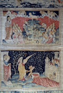 Tapiz del Apocalipsis (1373-1383), n. 47: el Cordero en el Monte Sion. Abajo, n. 55, el Ángel recoge la vid de la tierra, que se vierte en la gran cuba de la ira de Dios, la cuba se desborda y la sangre se derrama. Tapiz de Nicolas Bataille (1330-1405) de Nicolas Bataille