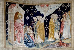Tapiz de la Revelación (1373-1383), n. 28: el milagro. Fieles siervos de Dios y profetas miran el río convertido en sangre. Tapiz por Nicolas Bataille (1330-1405) de Nicolas Bataille