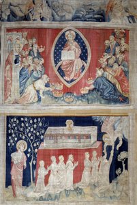 Tapiz del Apocalipsis (1373-1383), n. 5: los ancianos se postran ante Cristo en majestad (Jesucristo en gloria representado dentro de una mandorla). N. 11: las almas de los mártires de Nicolas Bataille