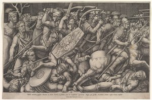 Soldados romanos luchando contra los dacios, escena de batalla en poca profundidad con caballos, 1553 de Nicolas Beatrizet