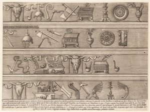 Speculum Romanae Magnificentiae: Instrumentos sacrificiales basados en relieve antiguo, ca. 1550-75