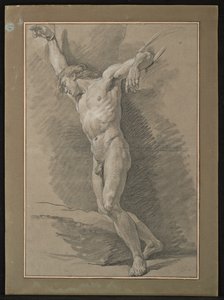Academia de un hombre desnudo con los brazos atados con cuerdas (tiza blanca y negra sobre papel gris)