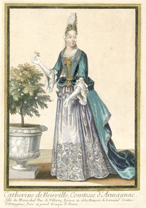Estampas francesas que propagan la moda francesa : Retrato de Catherine de Neuville, Condesa de Armagnac
Catherine de Neuville, Condesa de Armagnac, gekleed volgens de Franse mode ca. 1685 de Nicolas Bonnart (fils)