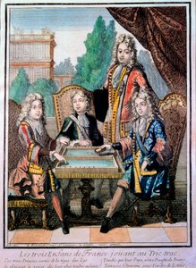 Los nietos de Luis XIV (1638-1715), Luis Duque de Borgoña (m. 1712), Felipe, Duque de Anjou (1683-1746), y Carlos, Duque de Berry con su padre, Luis (m. 1711), delfín de Francia, jugando al tric trac (Trictrac o Trictrac: ancestro del backgammon) de Nicolas Bonnart