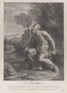 San Jerónimo sentado junto a un árbol mirando un crucifijo, un león bebiendo agua de un arroyo..., 1728 de Nicolas Chateau