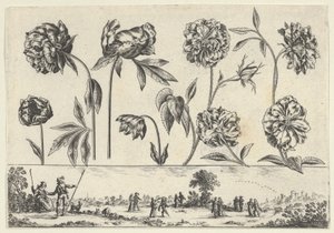 Panel horizontal con una fila de flores sobre un friso con figuras en un paisaje, de Li..., 1645 de Nicolas Cochin