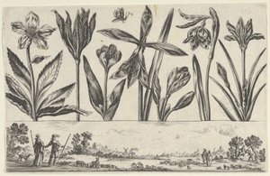 Panel horizontal con una fila de flores sobre un friso con figuras en un paisaje