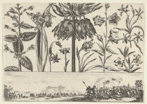 Panel Horizontal con una Fila de Flores Sobre un Friso con una Escena de Batalla en un Paisaje, 1645 de Nicolas Cochin