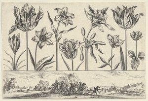 Panel horizontal con una fila de flores sobre un friso con una escena de batalla en un paisaje, 1645