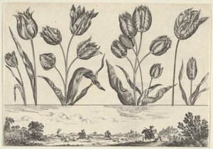 Panel horizontal con una fila de flores sobre un friso con una escena de caza en un paisaje, 1645