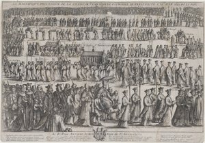 La procesión del féretro de Santa Genoveva, con clérigos y laicos marchando en seis filas, 1652 de Nicolas Cochin