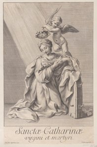 Santa Catalina de Alejandría, arrodillada con el codo apoyado en la rueda con púas, 1698 de Nicolas Dorigny