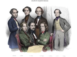 Galería de la Gazette musicale N. 2. Célebres de 1842: Frédéric Chopin (1810-1849) Franz Liszt (1811-1886), Jacob (Jakob, Jacques) Rosenhain, Édouard Wolff, Sigismund Thalberg, Adolf von Henselt, Theodor (Theodore) Döhler (1814-1856). Grabado de Nicolas de Nicolas Eustache Maurin