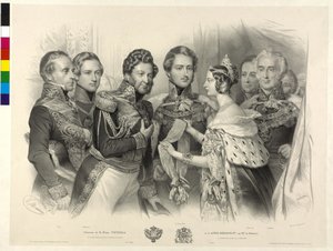 La Reina Victoria de Inglaterra entrega al Rey Luis Felipe de Francia la Orden de la Jarretera de Nicolas Eustache Maurin