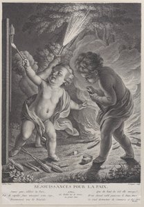 Celebrando la paz Réjouissances pour la paix, tres putti con fuegos artificiales, 1745-71 de Nicolas Gabriel Dupuis