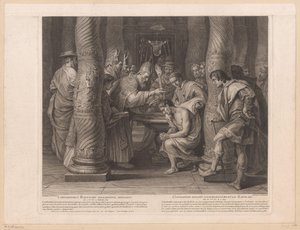 Bautismo del emperador Constantino por el Papa Silvestre I Constantinus bautizo solemniter initiatus / Constantin reçoit solemnelllement le baptème (título sobre el objeto) Historia del emperador Constantino el Grande (título de la serie) de Nicolas Henri Tardieu