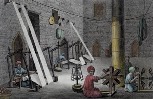 Interior de un taller de tejedor, del Volumen II Artes y Oficios de 