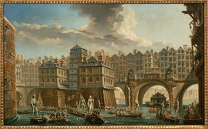 París, justa de barqueros entre el Pont Notre-Dame y el Pont au Change de Nicolas and Jean Baptiste Raguenet