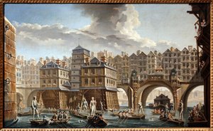 El torneo de los barqueros, entre el puente de Notre Dame y el Pont au Change de Nicolas and Jean Baptiste Raguenet