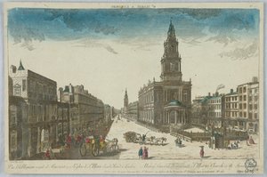 Peep-show, Vista de la Casa Real de Somerset con la Iglesia de Santa María en el Strand, Londres de Nicolas Jean Baptiste de Poilly